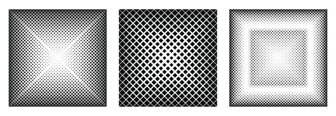 Vector illustration set of a halftone dotted squares, stipple patterns, geometric halftone, monochrome abstract dot patterns with gradient.