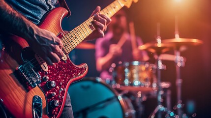 Close-up of guitarist performing on stage with drummer in background.