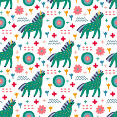 Festive seamless pattern with unicorns, flowers and different color elements. Vector illustration unicorns.