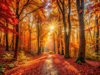 Obraz premium Enchanted Autumn Forest: A Panoramic View of Vibrant Leaves and Warm Light Inviting Exploration of Nature's Serene Beauty