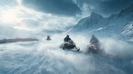 Snowmobiles racing through a snowy landscape with mountains in the background.