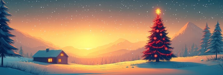 Winter Landscape with Quaint House, Christmas Tree, under Starlit Sky