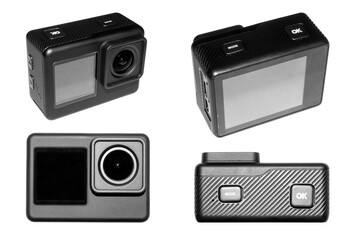 An action camera on a white background.An action camera for video blogging.A digital video camera for shooting extreme sports.