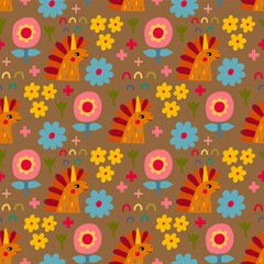 Obraz premium Festive seamless pattern with unicorns, flowers and different color elements. Vector illustration unicorns.