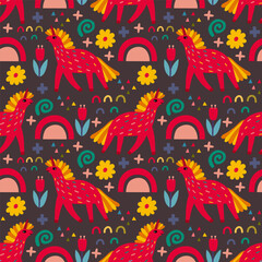 Festive seamless pattern with unicorns, flowers and different color elements. Vector illustration unicorns.