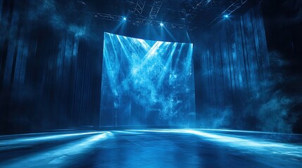 Spotlight's Dance A mesmerizing abstract light display in an empty night club, with a dark blue backdrop, illuminated stage, and bright beams of light cutting through the smoke-filled room. 8k