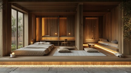 A serene Scandinavian-inspired room featuring wooden beams and cozy seating areas, softly illuminated by ambient lighting, creating a peaceful atmosphere.