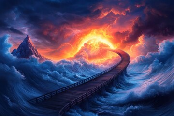 A Glowing Bridge of Confidence Digital Art depicting a radiant pathway connecting majestic cliffs amidst a dramatic, fiery sky This symbolic image represents courageous steps forward, mindset