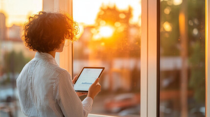 A person with curly hair is using tablet while looking out window during sunset, creating warm and reflective atmosphere. scene captures moment of contemplation and productivity