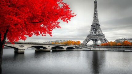 The Eiffel Tower stands gracefully by the Seine River, framed by vivid red autumn leaves, capturing a serene yet vibrant Parisian autumn scene.