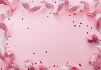 Obraz premium Celebrate with pink ribbons and sequins on soft pink background, perfect for festive occasions and party decorations