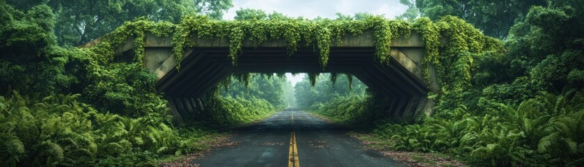 A Picturesque Overgrown Bridge Resilience, Sustainability, and the Fusion of Nature with Progress This evocative image captures a bridge reclaimed by nature, symbolizing the enduring power of the