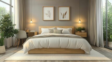 This elegant Scandinavian bedroom features a wooden bed, soft bedding, and natural greenery, creating a minimalist and cozy atmosphere.