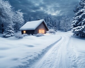 Fototapeta premium A serene snowy landscape, a glowing wooden cabin nestled amidst snow-covered pines, symbolizes comfort, warmth, and empathy a peaceful winter scene perfect for holiday cards, winter wonderland