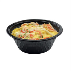 AW-3Picture of a black plastic cup for food.
 Menu in a cup.
It's abscissed bacon, 
colorful and delicious. 
placed on a white background