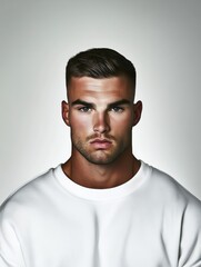 Fototapeta premium A serious-looking young man poses against a neutral background, wearing a plain white shirt, his expression reflecting contemplation or introspection, engaging the viewer.