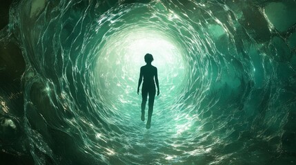 Fototapeta premium A Silhouette Floats in a Glowing Fractal Ocean A Journey of Mindfulness, Introspection, and Self-Awareness Explore the depths of your inner self with this surreal digital art Discover peace