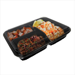 Picture of black plastic food box, menu box
It's rice and side dishes. Whether it's fried pork, Isaan larb
Pad Thai, which looks delicious, is placed on a white background.