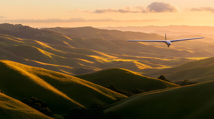 An agile glider plane soaring silently above rolling hills painted in soft evening light.
