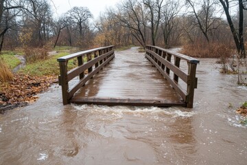 A sturdy wooden bridge stands tall, unwavering and strong, over a flooded river, symbolizing perseverance, balance, and resilience in the face of adversity This powerful image represents overcoming