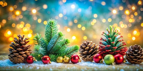 Enchanting Christmas Background with Sparkling Bokeh, Festive Christmas Trees, and Pine Cones Perfect for Holiday Text Messages and Greetings