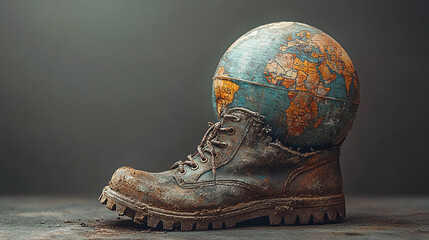 combat boot crushes educational globe, symbolizing impact of conflict on global knowledge and education. This powerful image evokes sense of loss and urgency