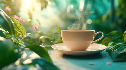A warm cup of tea glowing softly in a quiet room, visualizing empathy and comfort perfect for relaxation, mindfulness, and self-care Find tranquility and peace in this serene image, ideal for