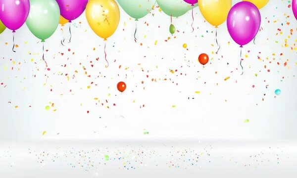 Bright party balloons and confetti cascading from the top of the image, with an empty center section perfect for custom