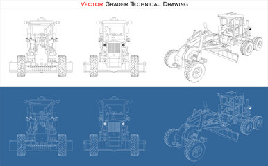 vector Grader line art draw blueprint wireframe from all view top corner side back isolated in transparent background
