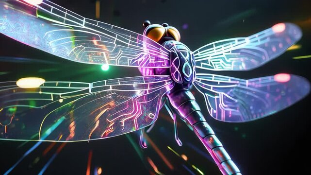 Futuristic cyborg dragonfly with glowing wings and circuitry hovers in the air. The background is dark and abstract with streaks of light