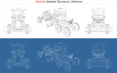Set Grader line draw blueprint wireframe from all view  front, side and back isolated in transparent background