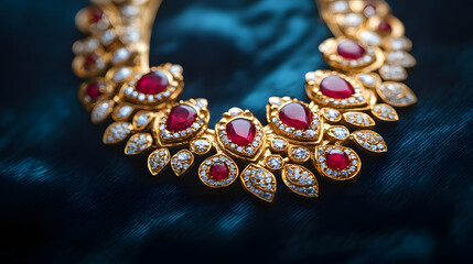 An intricate gold necklace encrusted with diamonds and rubies on a dark velvet background.