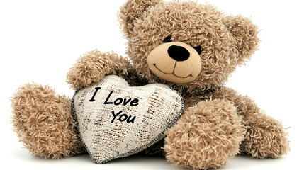 A teddy bear holding a heart with the words "I love you" written on it