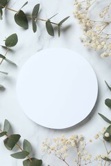 Greeting card mockup with eucalyptus branch. Empty greeting card for text design