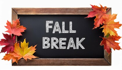 fall break written in white chalk on a black chalkboard decorated with autumn fall leaves isolated on white