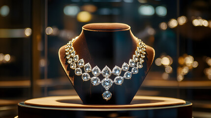 An opulent display of a diamond necklace in a velvet-lined glass case.