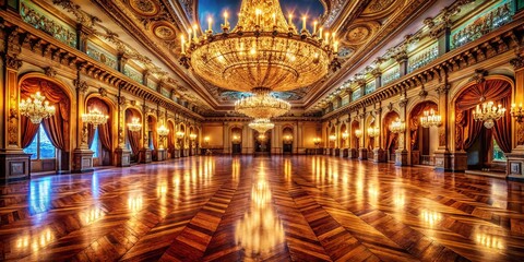 Obraz premium Enchanting Empty Ballroom with Ornate Chandeliers and Polished Floors Illuminated by Soft Low Light, Creating a Mysterious and Elegant Atmosphere