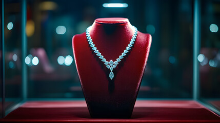 An opulent display of a diamond necklace in a velvet-lined glass case.