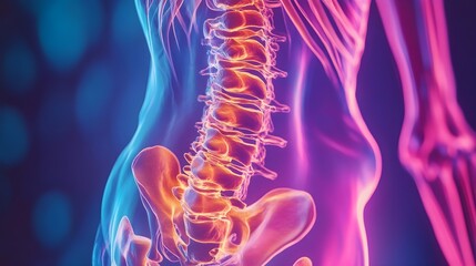 Digital medical anatomy illustration of the human spine, highlighting the structure of the spine.
