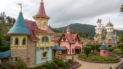 Fototapeta premium Enchanting Fantasy Isometric Buildings and Fairy Houses for Imaginative Architectural Photography, Ideal for Creative Projects and Storytelling Elements in Design
