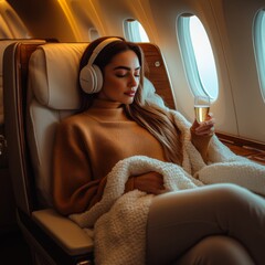 A woman in a cozy airplane seat sips champagne, wrapped in a soft blanket with headphones on, enjoying a tranquil moment in first-class cabin comfort.