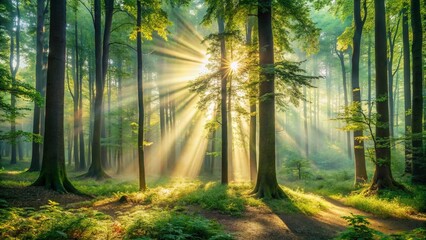 Obraz premium Enchanting Forest at Dawn with Sunlight Rays Piercing Through Trees Creating a Magical Atmosphere in Nature's Beauty