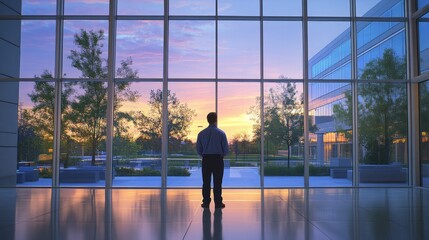 Fototapeta premium A businessman stands in a modern glass office building, gazing thoughtfully at a vibrant sunset view, symbolizing contemplation and future aspirations amidst a corporate backdrop.