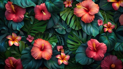 Fototapeta premium Tropical hawaiian background with exotic flowers and leaves.