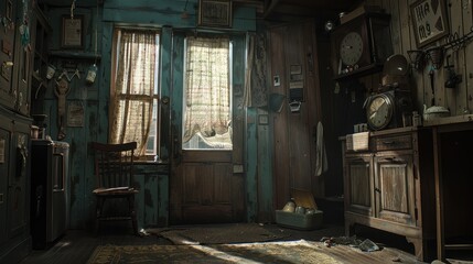 Abandoned Rustic Cottage Interior with Antique Furniture and Decor