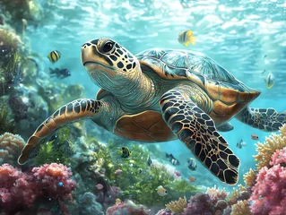 Gordijnen A vibrant underwater scene featuring a sea turtle swimming among colorful coral and fish. © DudeDesignStudio