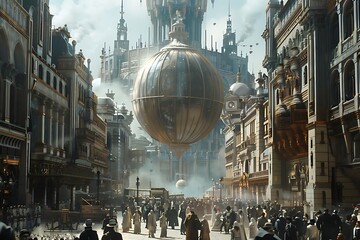 Futuristic city street scene with airship, steampunk architecture, and bustling crowd.