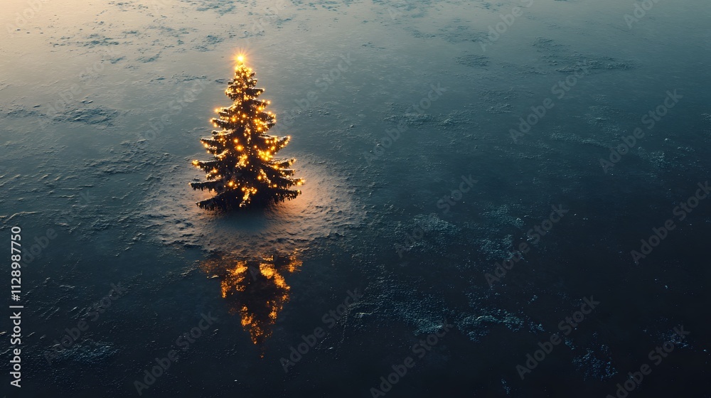 Poster aerial view of a minimalist christmas tree placed on a smooth icy surface, with reflections amplifyi