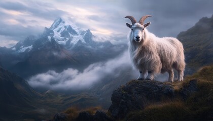 Unwavering Endurance A Majestic Mountain Goat's Unyielding Perseverance on a Precarious Clifftop, Symbolizing Strength, Resilience, and the Indomitable Spirit of Nature's Enduring Creatures, A