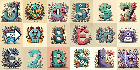 Naklejka premium Cartoon Flowers Monster Lettering Typeface. AI generated illustration